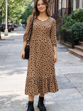 Vintage Leopard Print Midi Dress Boho Empire Waist Ruffle Hem 2XL